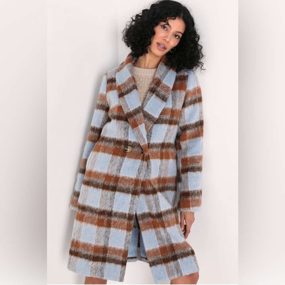 NWT Winter Wanderings Fuzzy Woven Construction Blue & Tan Plaid Coat Sz Small